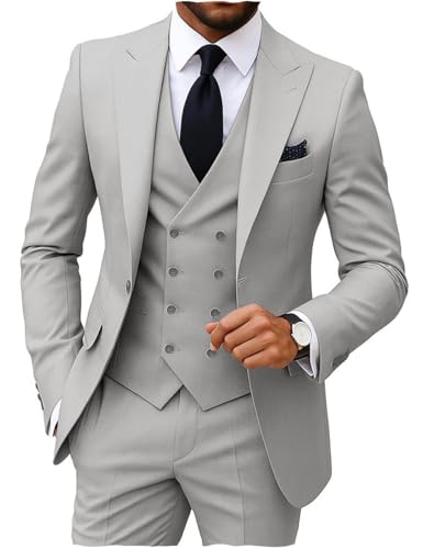 MoranX Herren-Anzüge, Normale Passform, 3-teilig, zweireihig, formell, Business, Smoking, Blazer, Weste, Hose für Hochzeit, Bräutigam, Silbergrau, L