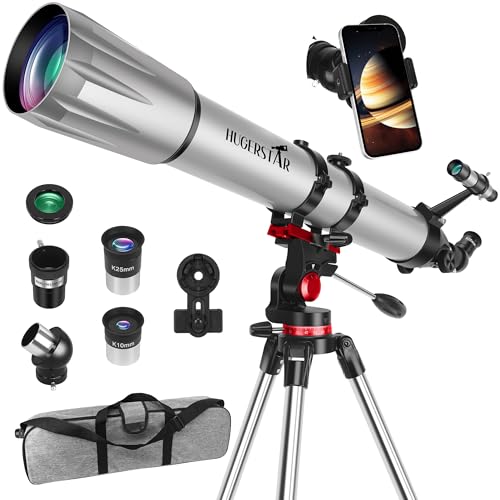 HUGERSTAR Teleskop, Teleskop Astronomie Profi für Erwachsene, 90mm Blende 900mm Refraktor Teleskope für Kinder und Einsteiger mit Ausziehbarem Stativ, Telefon Adapter, Mondfilter Beobachtung von Mond