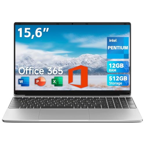 jumper 2025 Laptop 15,6 Zoll FHD Display, 12 GB RAM 512 GB ROM, Office 365, Prozessor 6500Y Notebook(bis zu 2,4 GHz), Akku 38 Wh, 2 Stereo-Lautsprecher, USB 3.0, Type-C, Digitale Tastatur