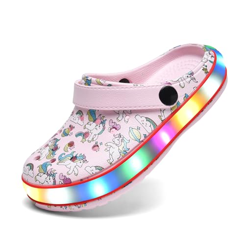 VIYEAR Kinder Jungen Mädchen LED Clogs Süße leichte Sommer Hausschuhe Garden Beach Sandalen, 28 EU, Rosa Einhorn