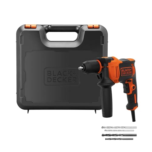 BLACK+DECKER 710W 1-Gang Schlagbohrmaschine (13mm Schnellspannbohrfutter, konstanter Rechts-/Linkslauf, Griffgummierung, Zweihandgriff, inkl. 2x HSS Bohrer, 2x Steinbohrer, im Koffer) ‎BEH710K-QS