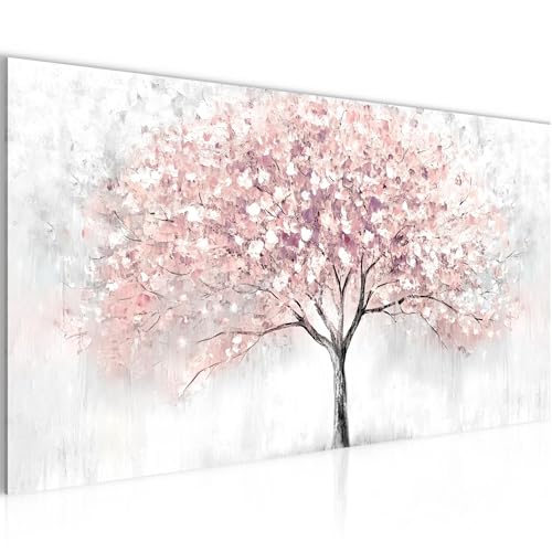Runa Art Wandbild Baum im frühling 100 x 40 cm Modern Bild auf Vlies Leinwand Natur Wohnzimmer Schlafzimmer Grau Rosa 053212b