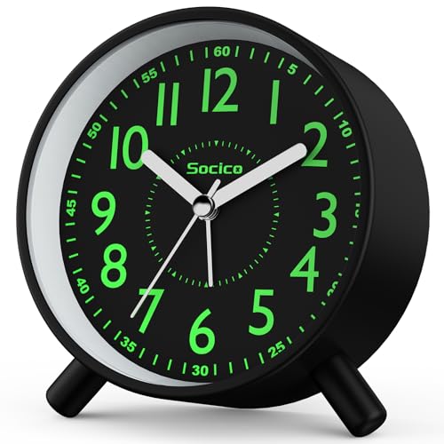 SOCICO Analoger Wecker, Runde Retro-Metall-Nachttischuhr – Batteriebetrieben mit Nachtlicht und Schlummerfunktion, für Büro, Schlafzimmer, Reise, Geschenk für Kinder & Erwachsene (Schwarz​)​