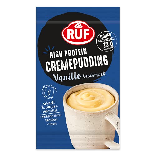 RUF High Protein Cremepudding Vanille-Geschmack, Vanille-Pudding aus der Tasse mit 13g Protein pro Portion, einfache Zubereitung, glutenfrei, 1 x 59g
