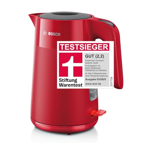 Bosch kabelloser Wasserkocher MyMoment TWK2M164, Abschaltautomatik, Überhitzungsschutz, Tassenanzeige, entnehmbarer Kalkfilter, Trockengehschutz, Dampfstopp-Automatik, 1,7 L, 2400 W, Rot matt