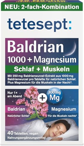 tetesept Baldrian 1000+ Magnesium – 1 × 40 Tabletten – Nahrungsergänzungsmittel unterstützt einen natürlichen Schlaf und entspannte Muskeln – Vegan