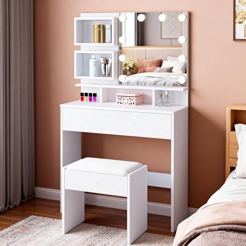 Ikewaier Schminktisch mit Beleuchtung und Hocker, Frisiertisch mit Spiegel 3 einstellbare Lichtfarben einstellbare Helligkeit, Kosmetiktisch mit Große Schubladen, 5 offenen Fächern, Weiß