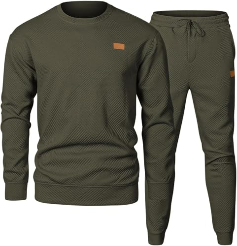 PADOLA Jogginganzug Herren 2 Teiliger Trainingsanzug Herbst Sportanzug Jacquard Pullover Rundhals Sweatshirt mit Jogginghose Winter Tracksuit Freizeitanzug Casual Set Streetwear (0 Armeegrün, L)
