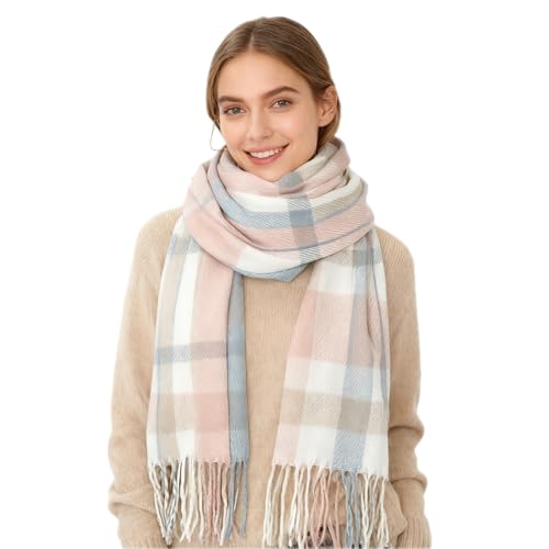Augesak Schal Damen Winter, Kuschelig Winterschal Herbstschal Frauen, Karierter Schal Schultertuch Flauschiger, Kaschmirschal Damen Weihnachtsgeschenke für Frauen Mama Oma Freundin-Reisnudeln