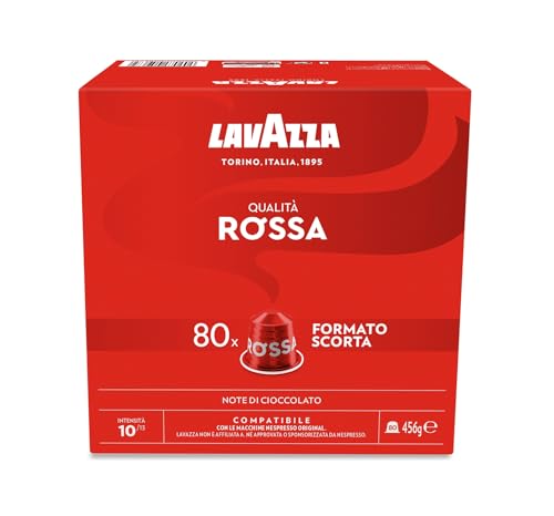Lavazza, Qualità Rossa, 80 Aluminiumkapseln, kompatibel mit Nespresso* Original Maschinen, mit Noten von Schokolade und getrockneten Früchten, Arabica und Robusta, Intensität 10/13, mittlere Röstung