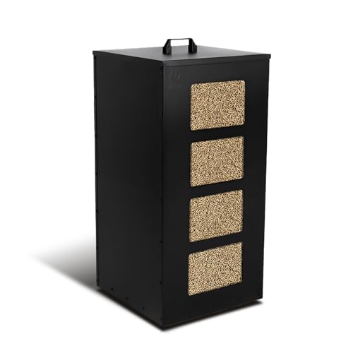 VOUNOT® Metall Pelletbehälter mit Rollen, 45 kg Pelletbox, Pelletlagerung mit abnehmbarem Sieb und 4 transparenten Füllstandsanzeigen, Granulatbox für Pelletofen, 36x36x76 cm, Schwarz