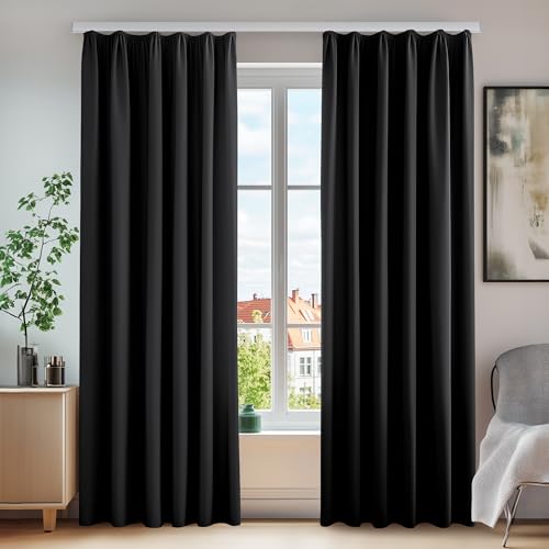 Deconovo Gardinen Blickdicht Thermovorhang Lärmschutzvorhang mit Kräuselband, 200x140 cm(HöhexBreite), Schwarz, 2er Set