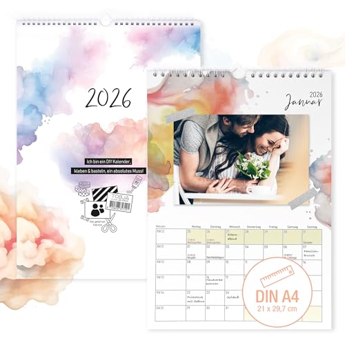 TOBJA Fotokalender 2026 - Kalender 2026 selbst gestalten, A4 Format (30x21 cm), Aquarell Design Bunt | DIY Bastelkalender 2026