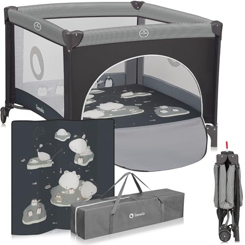 LIONELO BONNIE Laufgitter bis 15 kg, von der Geburt bis 36 Monate, Seitlicher Zugang mit Reißverschluss, Seiten mit Luftmaschen, schnell zusammenklappbar, gebremste Räder, Tragetasche