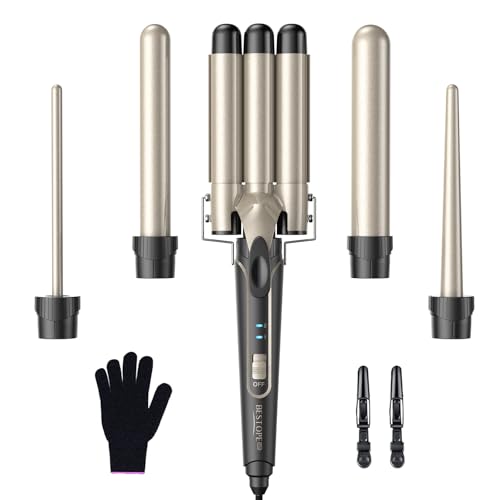 BESTOPE PRO Lockenstab set 5 in 1 Welleneisen - Lockenstäbe 3 Fässer für Große Keine Locken Keramik Lockenwickler mit Verschiedenen Aufsätzen mit Handschuh und 2 Clips
