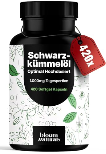 Schwarzkümmelöl Kapseln Hochdosiert – 420 Softgel Kapseln – 1.000 mg Tagesportion – Vitamin E – Produziert in Deutschland - Laborgeprüft - Verpackung kann variieren
