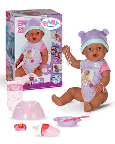 BABY Born Eva - 43 cm große Babypuppe - 10 Funktionen inkl. Accessoires & Strampler - Funktioniert komplett ohne Batterien - Geeignet für Kinder ab 3 Jahren
