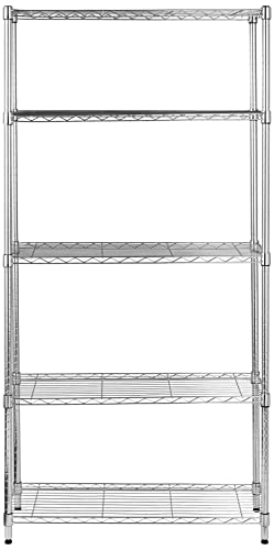 Amazon Basics Aufbewahrungseinheit mit 5 Regalböden, höhenverstellbaren Einlegeböden und Nivellierfüßen, Maximalgewicht 680 kg, Chrom, 36 D x 91 W x 183 H cm