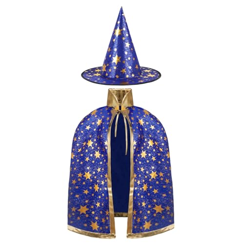 AYBUY Kinder Halloween Kostüm, Zauberer Kostüm Kinder, Wizard Cape Witch Umhang mit Hut, Kinderkostüm Hexenhut Faschingskostüm für Karneval Fasching Cosplay Junge Mädchen, Blau