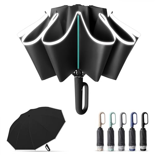 Regenschirm Sturmfest, 10 Rippen Umgekehrter Regenschirm Automatik Auf und Zu, 106cm Durchmesser Golf Umbrella mit Schnallengriff und 360° Reflektierende Streifen für Herren und Damen (Schwarz)