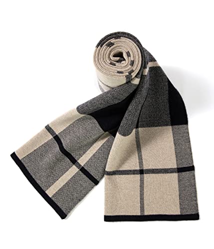 Villand Australischer Merinowolle Tartan Strickschal für Herren, karierte Winterwarme dicke weiche Halsbekleidung mit Geschenkbox, 180 × 30 cm (Kamelgrau Kariert)