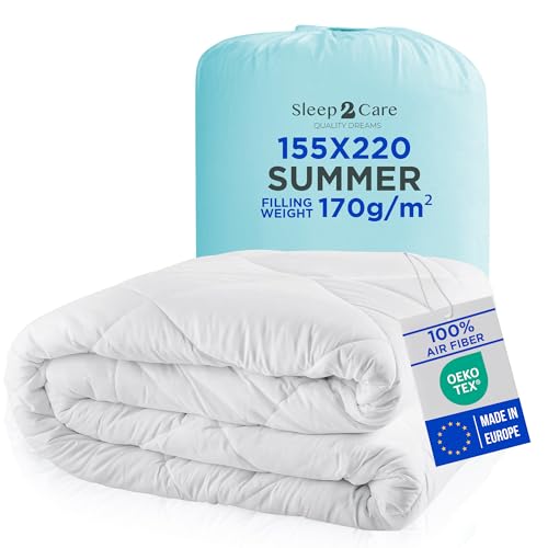 Sleep2Care Sommerdecke 155x220 cm | Leichte & Kühlende Bettdecke für Sommer & Heiße Nächte | Atmungsaktiv & Waschbar bei 60°C | Öko-Tex Zertifiziert | Füllung 170g/m² | Hergestellt in EU