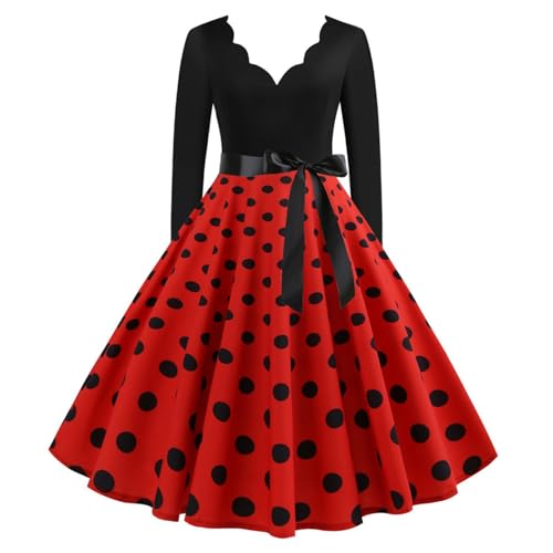 Rockabilly Kleider Damen Polka Dots Coctailkleid 50er 60er Jahre Rockabilly Kleid Vintage Elegante Partykleid Langarm A-Line Swing Kleider Hochzeit Festliche Ballkleid Knielang Abendkleider