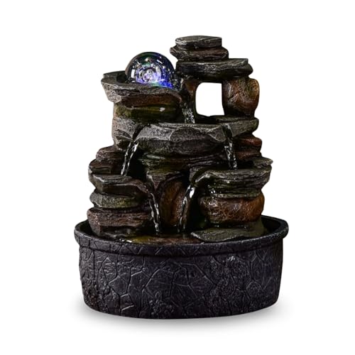Zimmerbrunnen Wasserfall Natur Stein Rock Light Effekt Buntes Licht, Geschenkidee, Bewegte Innendekoration - Zen Tischbrunnen Entspannend, Feng Shui Objekt Glück, H 23cm - Satya Zen'Light