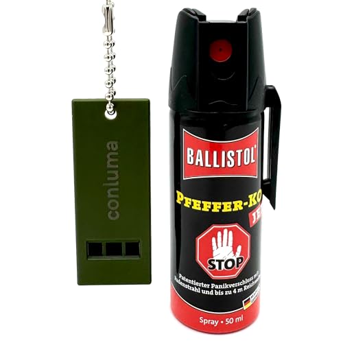 Pfefferspray mit Panikverschluss 50ml – KO-Spray & Tierabwehrspray zur Selbstverteidigung mit 4m Reichweite – Sicherheits-Set inklusive lauter Signalpfeife (1)