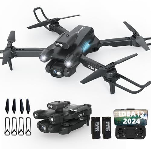 IDEA12 Drohne mit 2 Kamera, Drohne für Kinder mit Hindernisvermeidung, Drone mit Kamera Elektrisch Verstellbarer RC Drones WiFi FPV Übertragung Quadcopter für Erwachsene und Kinder Dual Kameras