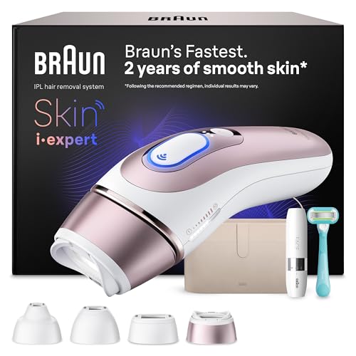 Braun Smart IPL Geräte Haarentfernung Skin i·expert 7 — Dauerhafte Laser Haarentfernung für Zuhause, Designed in Germany — Inkl. Etui, Mini-Rasierer, Venus Rasierer, 4 Aufsätze, PL7442, Weiß/Rosegold