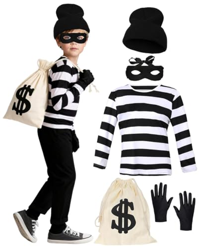 Räuber Kostüm für Kinder Bankräuber Outfit mit Gestreiftes Oberteil Beanie Handschuhe Augenmaske Beuteltasche Kinderkostüm für Mädchen und Jungen, Perfekt für Halloween Cosplay Party und Karneval