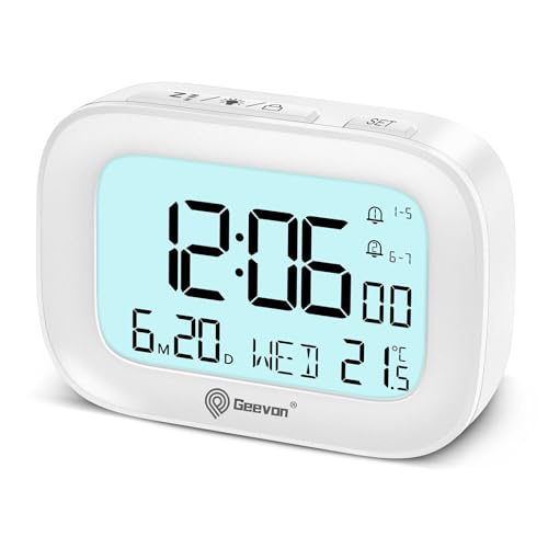 Geevon LCD-Digitalwecker, Batteriebetriebene Tischuhr, Temperaturanzeige, Snooze, Wochenendmodus, Wecker Sperrfunktion, Tragbarer Reisewecker, Mehrsprachige Anzeige (509 Weiß ohne Batterie)