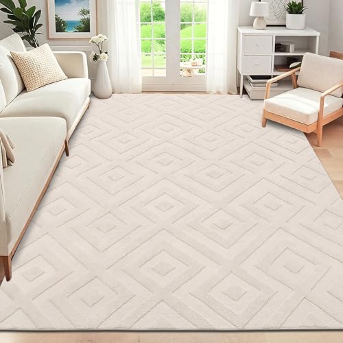 SHACOS Waschbarer Teppich Wohnzimmer Kurzflor, Weicher Teppich Modern Wohnzimmerteppich Geometrie mit 3D Effekt, rutschfeste Teppiche für Schlafzimmer, Esszimmer, Beige, 160 x 230 cm