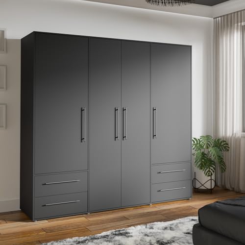 Forte Jupiter Kleiderschrank 200 210, 4-türiger Drehtürenschrank mit 4 Schubladen, Einlegeböden, Kleiderstange, Holzwerkstoff, Schwarz Matt, 205,9 cm breit, 200,1 cm hoch, 58,8 cm tief