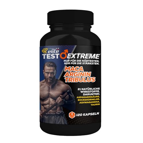 Italian Elite Testo Extreme – 120 Kapseln mit Maca 8000 mg. Natürliches Nahrungsergänzungsmittel für Männer mit Tribulus, Bockshornklee, Zink, Arginin, Ashwagandha, Vitaminen und Mineralstoffen.