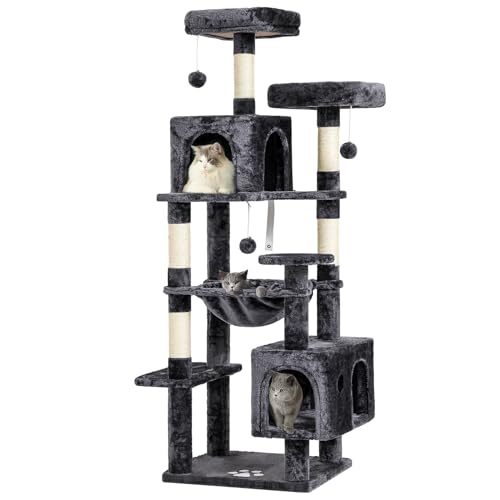 MSmask Kratzbaum groß, L Katzenbaum Stabil, Katzenkratzbaum mit 2 Plattformen, 2 Katzenhöhlen, Hängematte, Sisalsäulen, mehrstöckiger Kletterbaum für Katzen (Dunkelgrau, 160 cm)