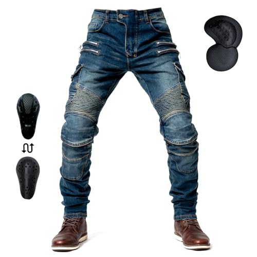 oFzimTo Motorrad-Jeanshose Für Herren, Sturzfeste Jeans Mit Geradem Bein Und 4 Arten Von Schutzausrüstung, Motorradhose Für Motorradrennfahrer (Blue,XL)