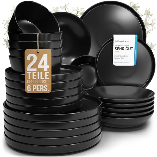 Steingut Geschirrset 6 Personen Manhattan 24 tlg. TESTSIEGER, Cooles Urbanes Steingut Geschirr Set, Schüssel- und Teller Set, Tafelservice 6 Personen, Geschirrsets Pure Living in matt Schwarz