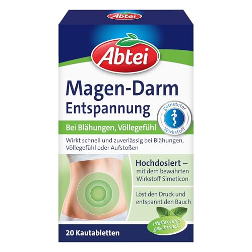 Abtei Magen Darm Entspannung - bei Blähungen, Völlegefühl und Aufstoßen - hochdosiert - mit Simeticon - Pfefferminzgeschmack - 1 x 20 Kautabletten