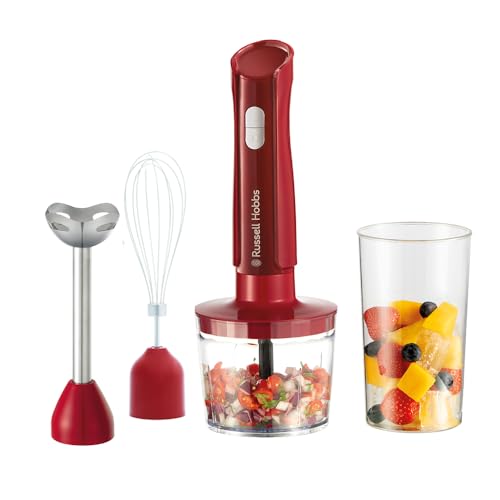 Russell Hobbs Stabmixer [3-in-1: Mixer,Schneebesen & Zerkleinerer/Pürierstab] Desire Red (600ml Mixbecher, Spülmaschinengeeignetes Zubehör,Edelstahlmesser, für Smoothies,Suppen,Saucen & Dips) 27142-56