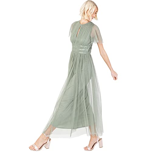 Anaya with Love Damen Ladies Midaxi Dress for Women High Waist Keyhole Short Flutter Sleeve Crew Neckline Wedding Guest Bridesmaids Prom Kleid, Frosty Green, 44 EU