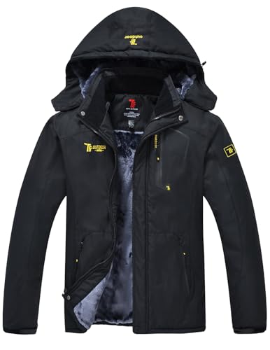 YSENTO Herren Skijacke Winterjacke Softshelljack Wasserdicht Warm Gefüttert Outdoor Funktionsjacke mit Abnehmbarer Kapuze(Schwarz,L)