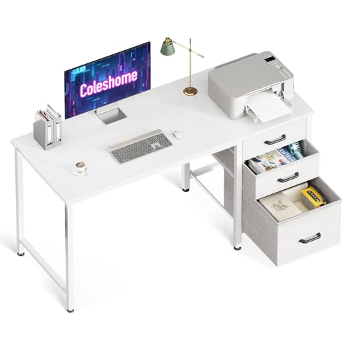 Coleshome Schreibtisch mit 3 Stoff Schubladen, 120x48cm Computertisch mit Kopfhörer Halter, Reversibler PC Schreibtisch Bürotisch für kleines Heimbüro, Weiß