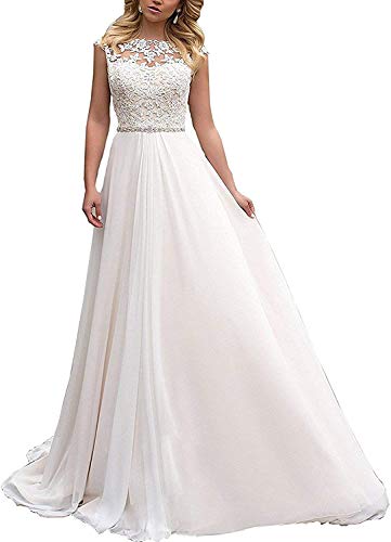 HUINI Damen Brautkleider Lang Prinzessin Hochzeitskleider Standesamtliche Chiffon A-Linie Brautmode Glitzer Vintage Brautkleider Elfenbein 42