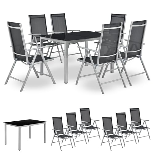 Juskys Aluminium Gartengarnitur Milano 6+1-6 Hochlehner Stühle verstellbar & klappbar mit Tisch - Gartenmöbel Set 7-teilig wetterfest - Silber