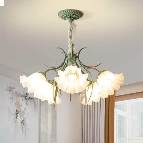 kaixunl Vintage Blumen Design Metall Pendelleuchte,Französischer Landhaus Kronleuchter lampe, Lampenschirm aus Acryl Retro chandelier， für Schlafzimmer Wohnzimmer Restaurant Veranda Flur (5 Köpfe)
