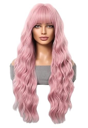 CGVG Perücke Damen Lange Lockige Rosa Perücke mit Pony Echthaar Perücke für Frauen Mädchen Alltagsleben Cosplay Party Konzert