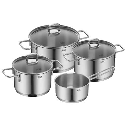 Silit Alicante Topfset Induktion 4-teilig, Kochtopf Set mit Glasdeckel, Edelstahl poliert, Induktions Töpfe Set unbeschichtet
