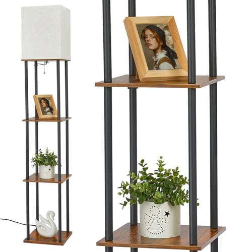 IPARTS EXPERT Stehlampe mit Regal aus Holz, Stehlampe Wohnzimmer mit E27 Birne 3 Farbtemperatur, Stehleuchte mit Lampenschirm, Moderne Leselampe für Whonzimmer Schlafzimmer Büro (Vintagebraun)